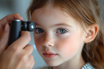 Close-up of a young girl with freckles and blue eyes receiving an eye examination using a handheld medical device with a focused and calm expression