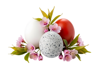 Composition of three eggs, one white, one red, and one speckled, nestled amongst pink cherry blossoms and green leaves. Isolated on transparent background

