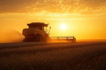 Large combine harvester working through wheat field during golden sunset with sun low on horizon and dust in air