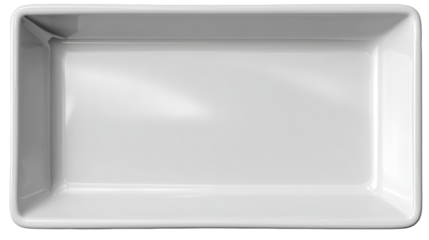 Empty white rectangular ceramic dish with a glossy surface and rounded corners top view.