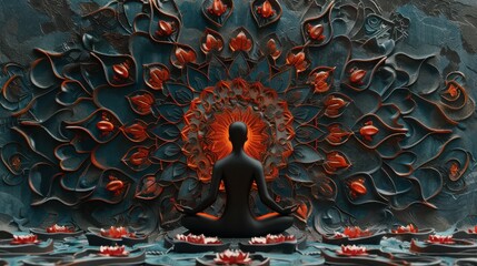 Silhouette of a person meditating in front of intricate lotus flower designs, symbolizing peace, mindfulness, and spirituality.
