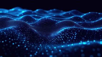 Abstract digital representation of flowing blue waveforms made of glowing particles creating a futuristic and dynamic 3D landscape effect