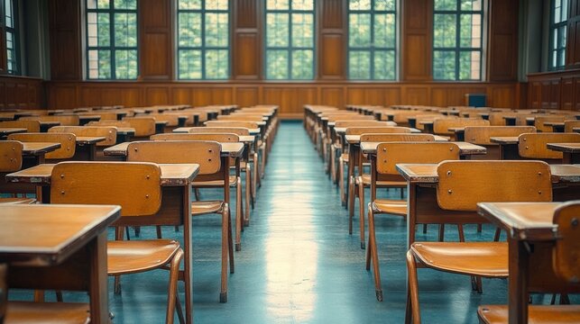 Empty classroom with rows of vintage wooden desks and chairs facing large windows in a bright and quiet learning environment