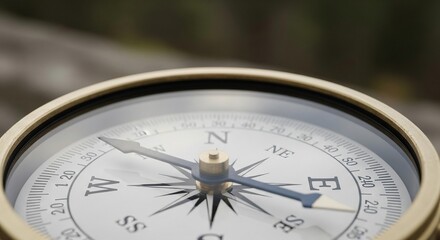 Close-up view of a vintage brass compass with its needle pointing towards the east, indicating direction for outdoor exploration.