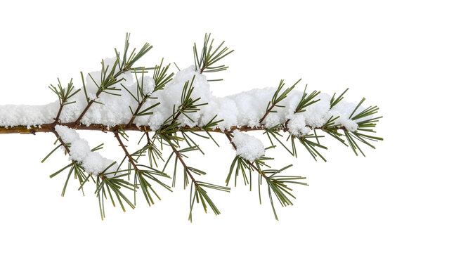 Pine branch covered with fresh snow isolated on the transparent background, closeup winter nature, evergreen needles