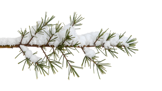Pine branch covered with fresh snow isolated on the transparent background, closeup winter nature, evergreen needles