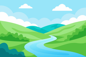 Obraz premium Landscape view of river and green hills