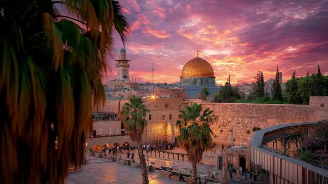 Golden Dome Jerusalem Sunset Western Wall, 4k video footage