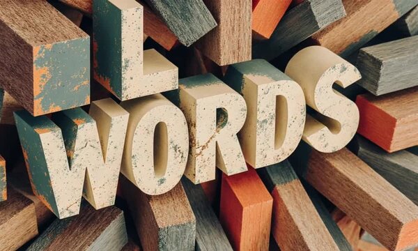 Close-up of colorful wooden 3D typography letters arranged to form words with artistic textured finish