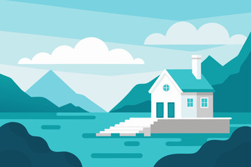 House on water with mountains and clouds