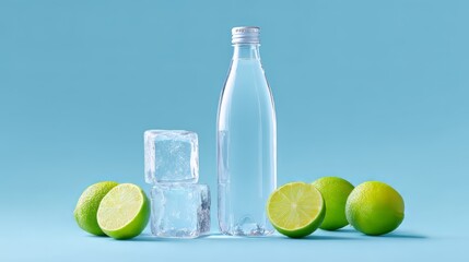 Citrus sports drink bottle with limes and ice cubes on blue background – vibrant summer hydration concept, summer non alcoholic drink 