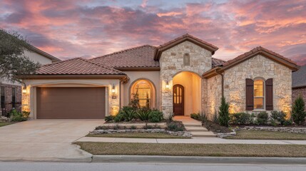 Warm and Inviting Modern House with Stone Exterior at Sunset with Upgraded Landscaping and Garage