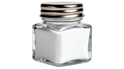 Square glass salt shaker with a ribbed metallic cap filled with fine white table salt.