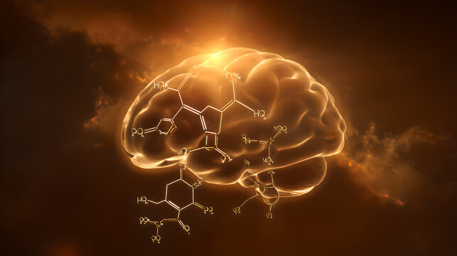 A golden molecular structure of spermidine floating above a brain-shaped nebula, glowing with energy.