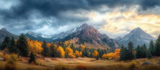 Dramatic autumn mountain landscape with golden trees and dark stormy clouds over snow-capped peaks