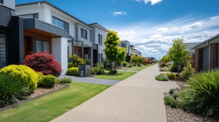 Obraz premium Serene Residential Street with Modern Houses, Lush Gardens and Clear Blue Sky Amidst Bright Daylight