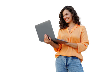 Smiling professional with curly hair working on laptop, wearing casual attire, embodying...
