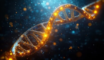 Close-up of glowing golden DNA double helix strand with particle effects in dark blue background, representing genetic structure and molecular biology