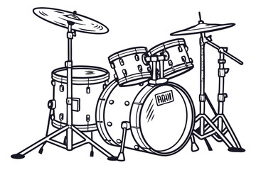 Striking Black and White Drum Set Illustration Captivating Musical Instrument Artwork with Intricate Details and Shading for Music Lovers