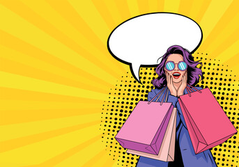 Young surprised woman in pop art style with shopping bags with speech. On yellow background. Pop art in vector comic style. © дима селиванов