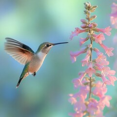 Fototapeta premium A small hummingbird in mid-flight approaching a cluster of delicate pink flowers with a soft blurred green and blue background