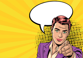 Young pop art man pointing at you with speech. On yellow background. Pop art in comics vector style.