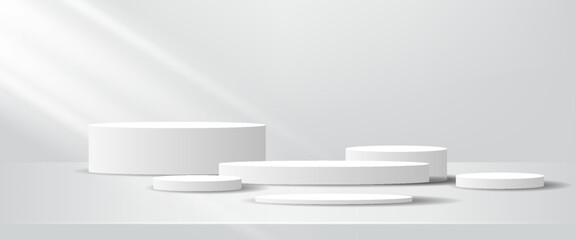 Minimalist white podium background with multiple cylindrical platforms and soft light, perfect for product display, cosmetics, or presentation scenes.