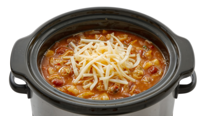 Hearty slow cooker chili with cheese topping in black crockpot isolated on the transparent background