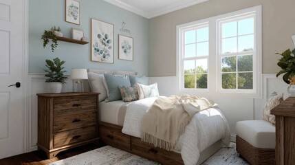 Fototapeta premium Cozy and Inviting Bedroom Design with Natural Light and Modern Decor Elements