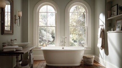 Fototapeta premium Serene Bathroom Interior Featuring Elegant Bathtub and Natural Light Through Arched Windows