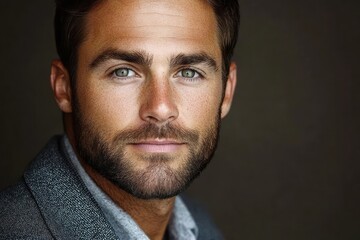 Fototapeta premium Close-up portrait of a confident man with light eyes, trimmed beard, and short dark hair wearing a textured blazer and shirt against a dark background