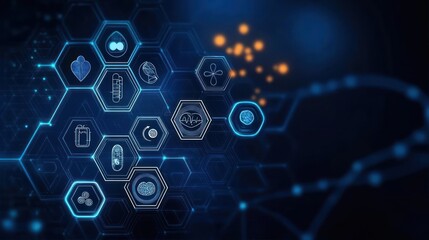 futuristic medical and scientific hexagonal icons interconnected on digital blue background representing biotechnology and health technology concepts