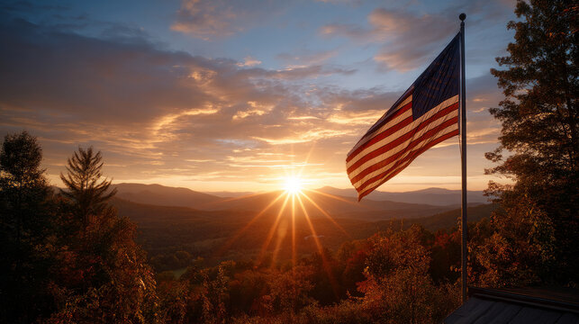 American flag in nature against a background of sunset in pink ligh. Election Day in the USA. America Day. Festive Mood on President's Day