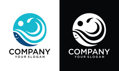 Creative Fish and water wave logo icon illustration simple design element vector template.