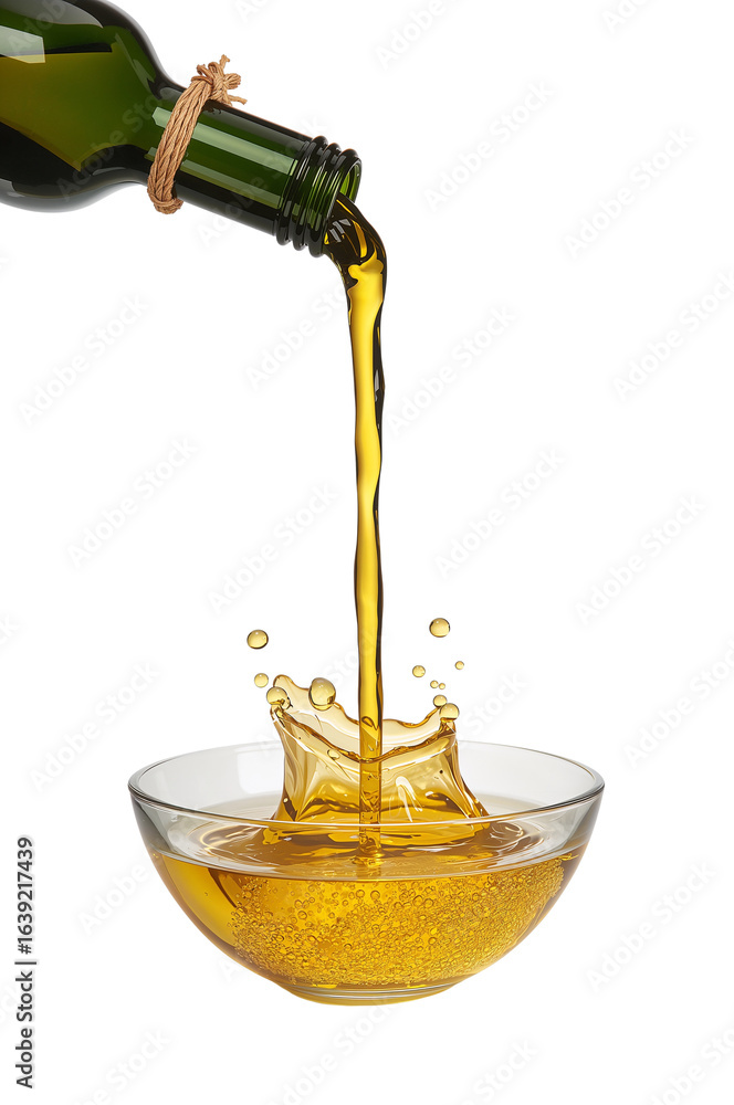 Poster Golden liquid cascading from a bottle into a crystal bowl, creating a dynamic splash with a