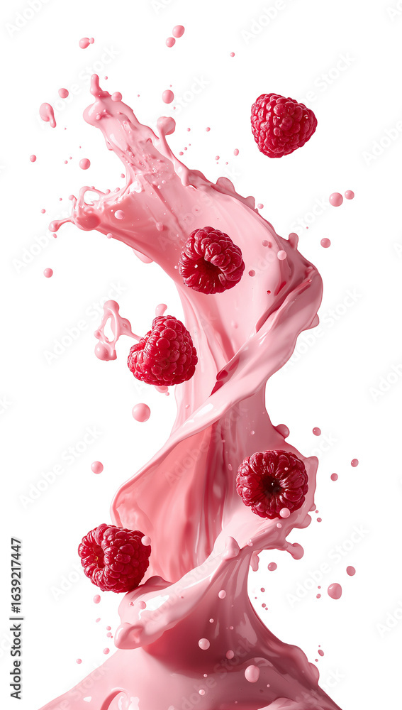 Aufkleber dynamic splash of pink smoothie with scattered raspberries on clean simple background for design