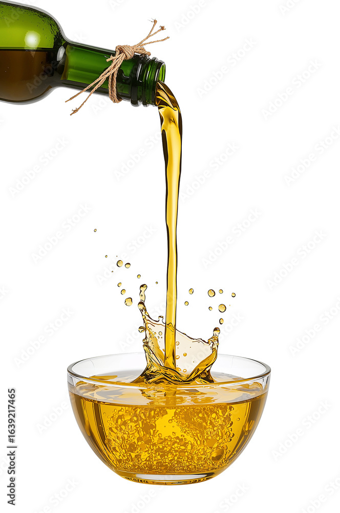 Poster liquid gold descends from a bottle, creating mesmerizing splash against a pristine canvas