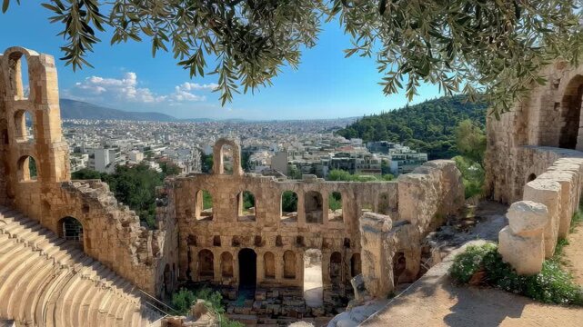 Ancient Odeon of Herodes Atticus Athens Greece Skyline View,, 4k video footage