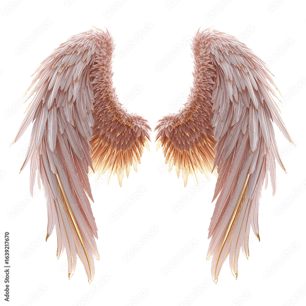 Poster detailed rendering of two symmetrical, feathery wings on an isolated transparent canvas for