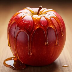 Close-up of fresh red apple coated with glossy caramel dripping down, placed on wooden surface. Perfect for dessert concept, sweet treats, seasonal food, and food photography