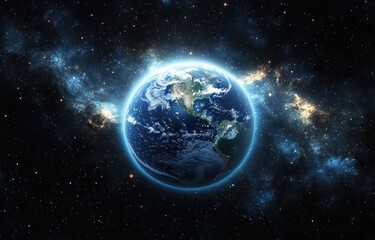 Obraz premium View of planet Earth from space showing continents, ocean, clouds, and a bright glowing atmosphere with stars and galaxy in the background