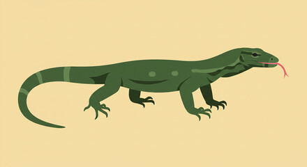 Fototapeta premium Stylized Green Monitor Lizard with Pink Tongue on Beige Background.
