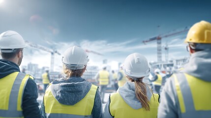 Construction Workers in Hard Hats and Safety Vests Observing Building Site