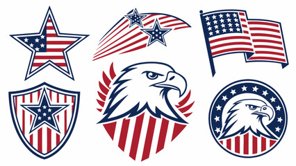 American patriotic symbols vector set: eagle, flag, star, shield for independence day design element