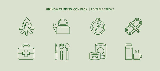 Camping equipment and hiking backpack icon set including fireplace, rope climbing, compass, first aid, kettle and canned food outline icons for recreation adventure traveling and trekking in camp tent