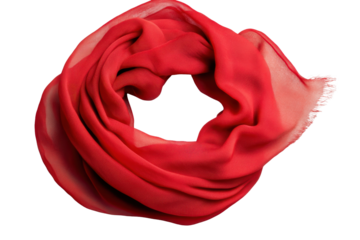 Elegant red scarf draped in a casual knot showcasing soft fabric and vibrant color against a transparent background for versatile styling options