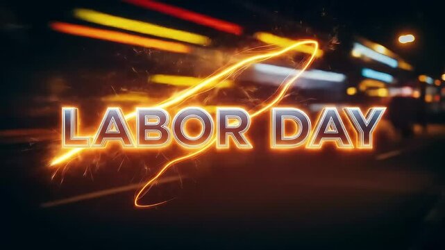 Glowing labor day text with blurred night parade lights