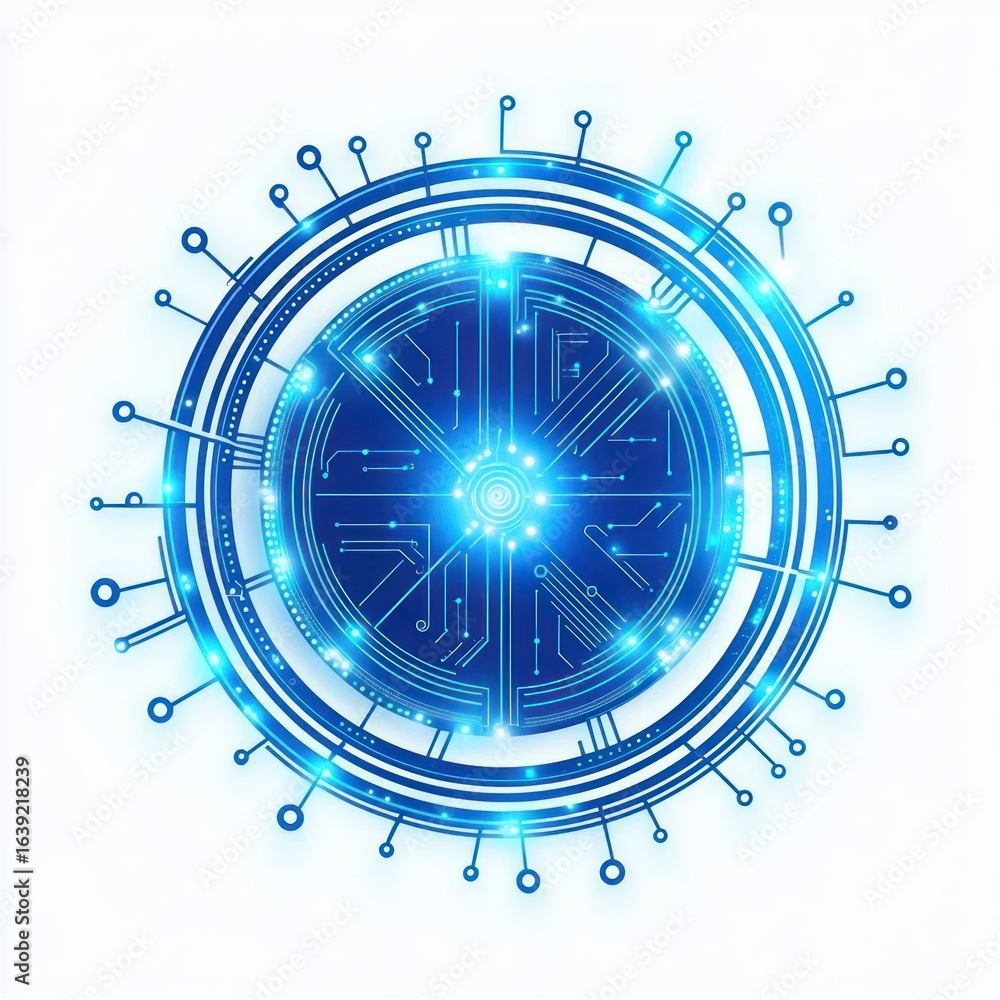 Poster circular futuristic digital interface glowing with blue light and intricate circuit patterns, repres
