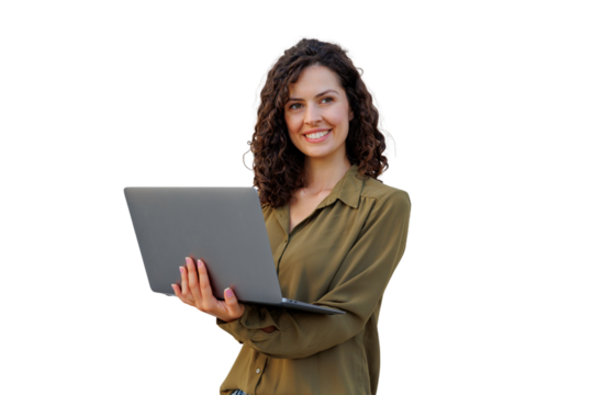 Confident businesswoman smiling and holding a laptop, isolated on transparent background, ready for any design project