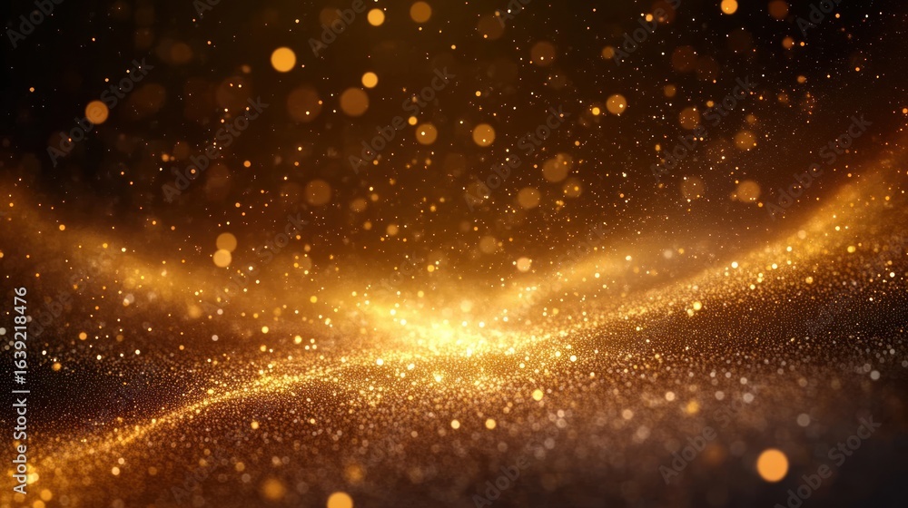 Poster golden glowing particles sparkling in a wave-like pattern over a dark background creating a magical 